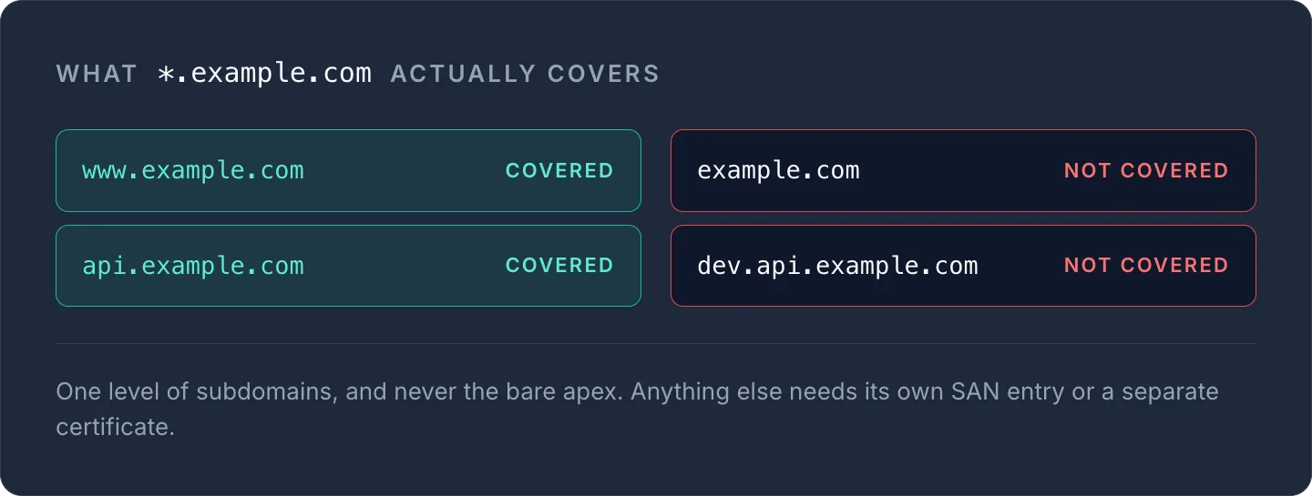 Wildcard *.example.com covers www and api subdomains but not example.com apex or nested dev.api.example.com.