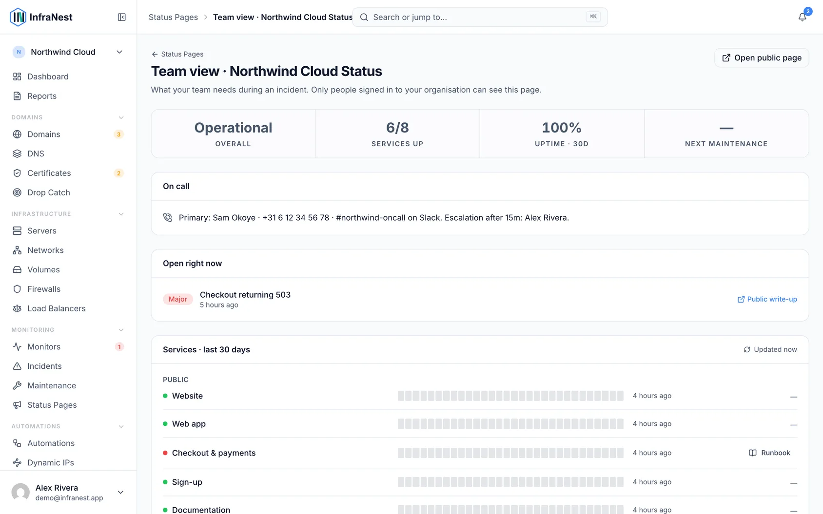 The team view of a status page