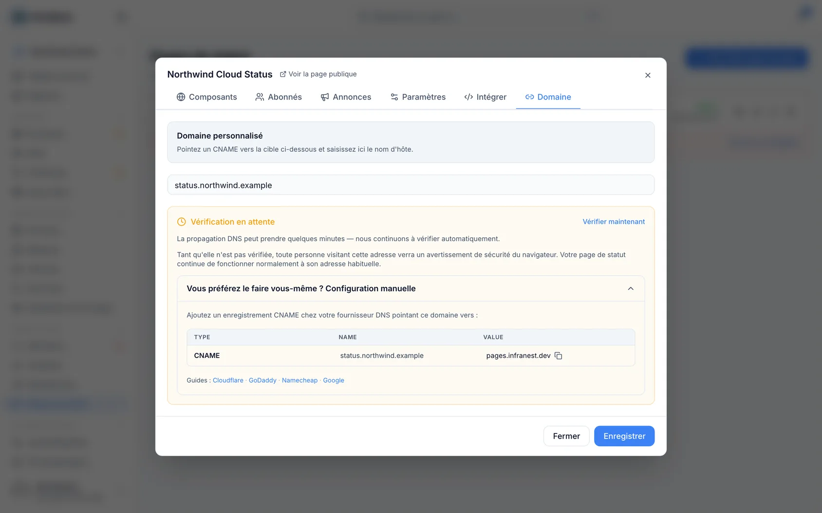 Utiliser un domaine personnalisé pour votre page de statut