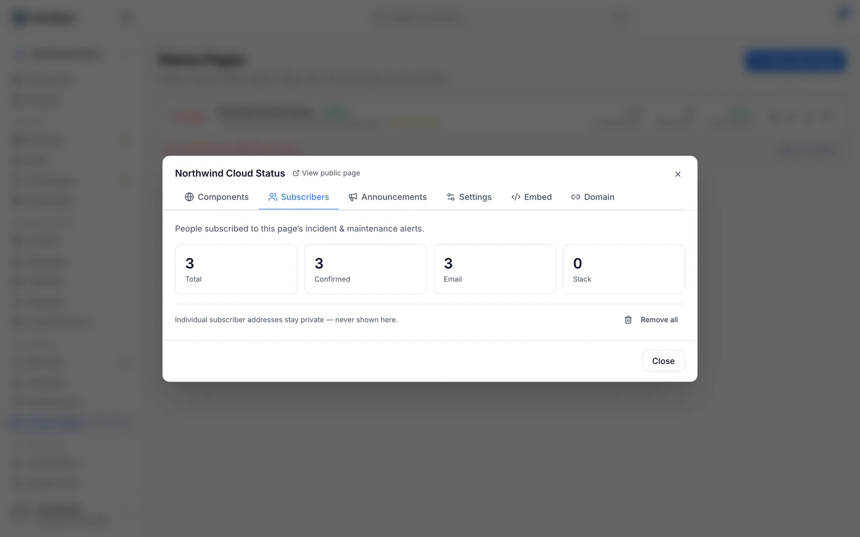 Status page subscribers and announcements