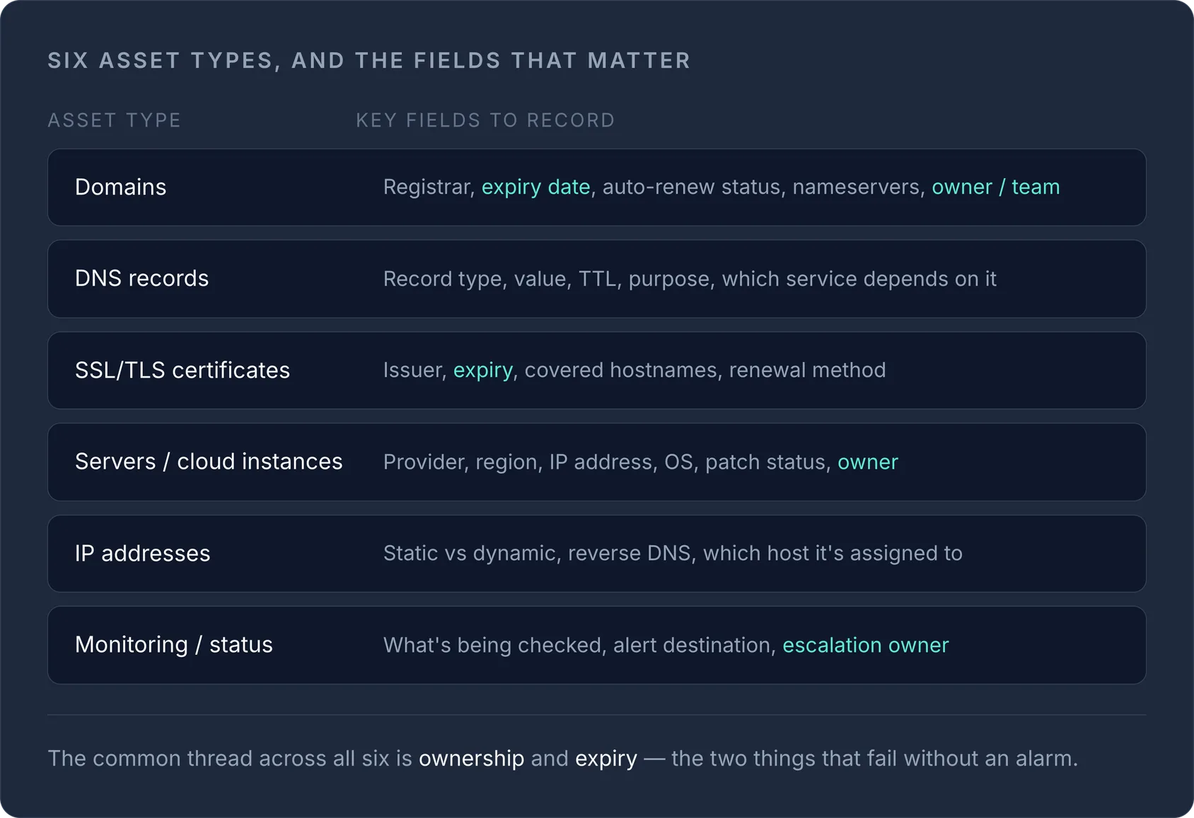 Table of six asset types (domains, DNS, SSL, servers, IP addresses, monitoring) and key fields to record, noting ownership an