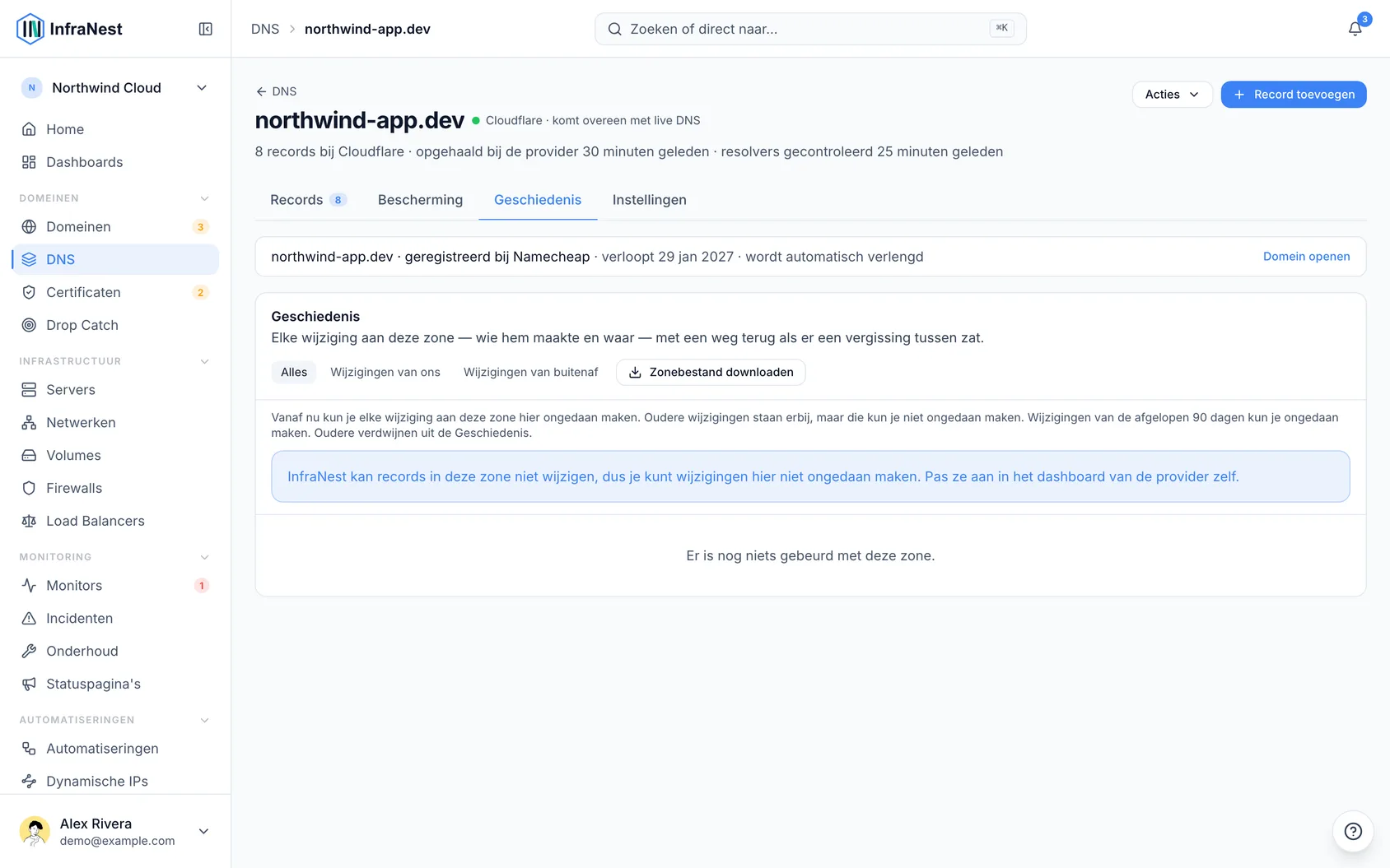Een DNS-wijziging ongedaan maken, of een zone terugzetten