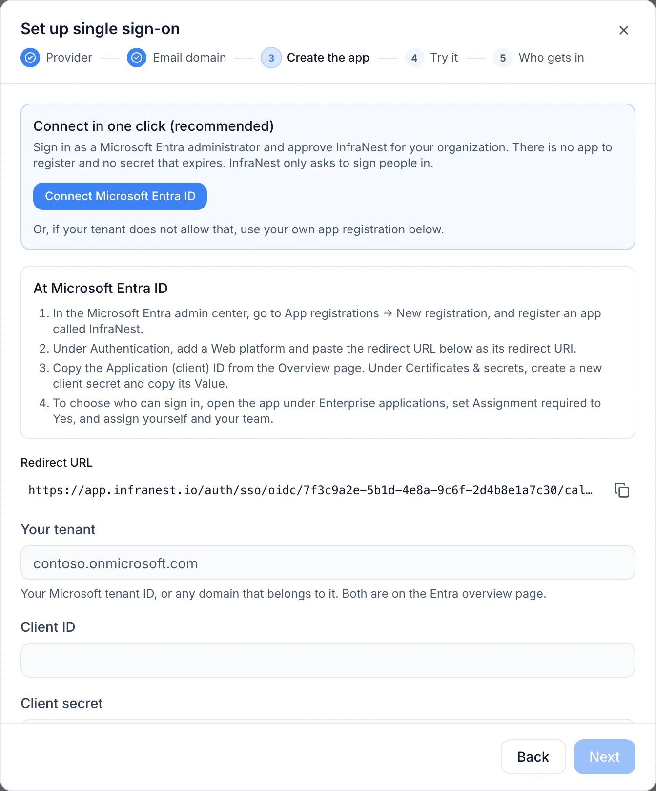 Sign in to InfraNest with Microsoft Entra ID
