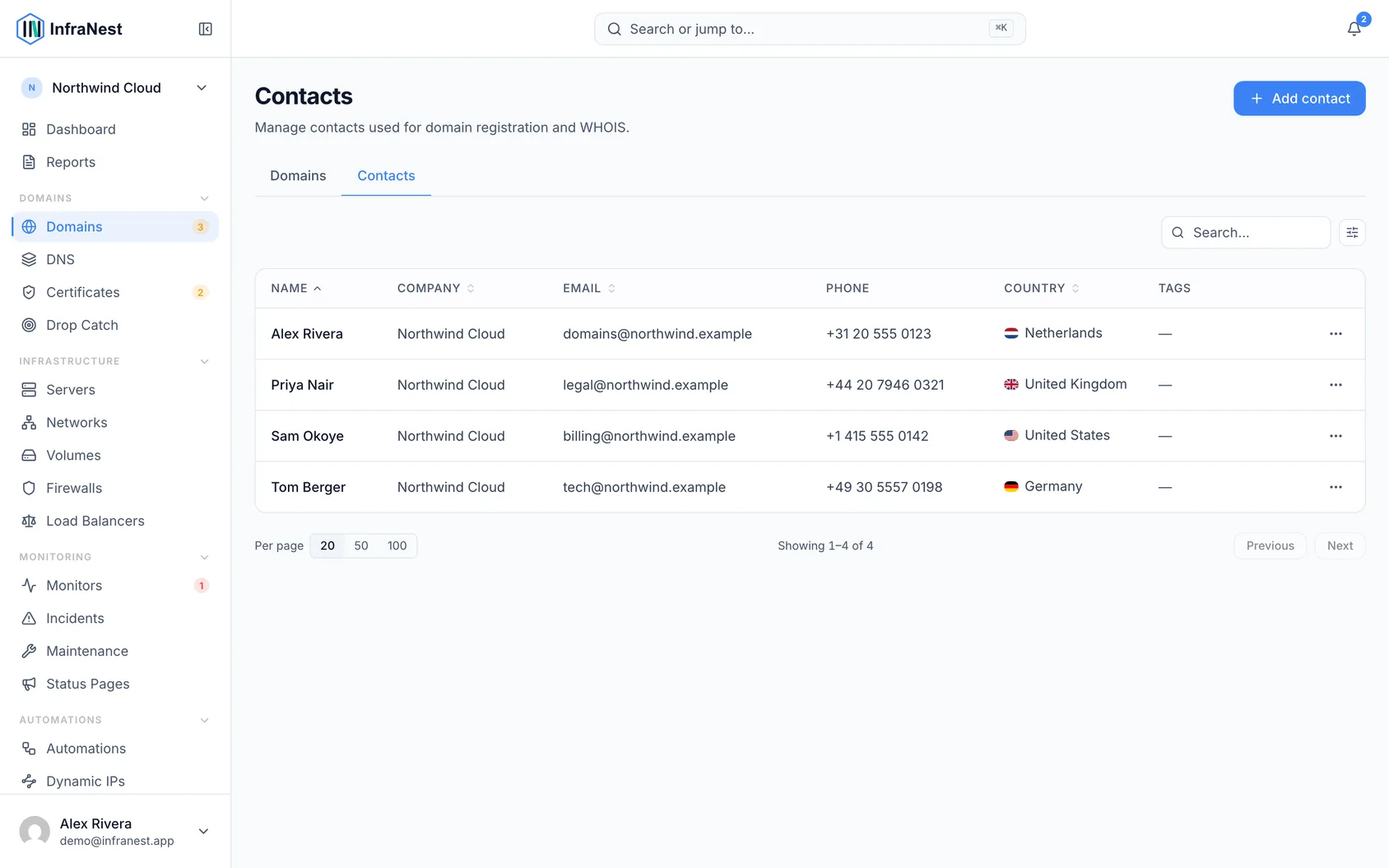Manage domain contacts