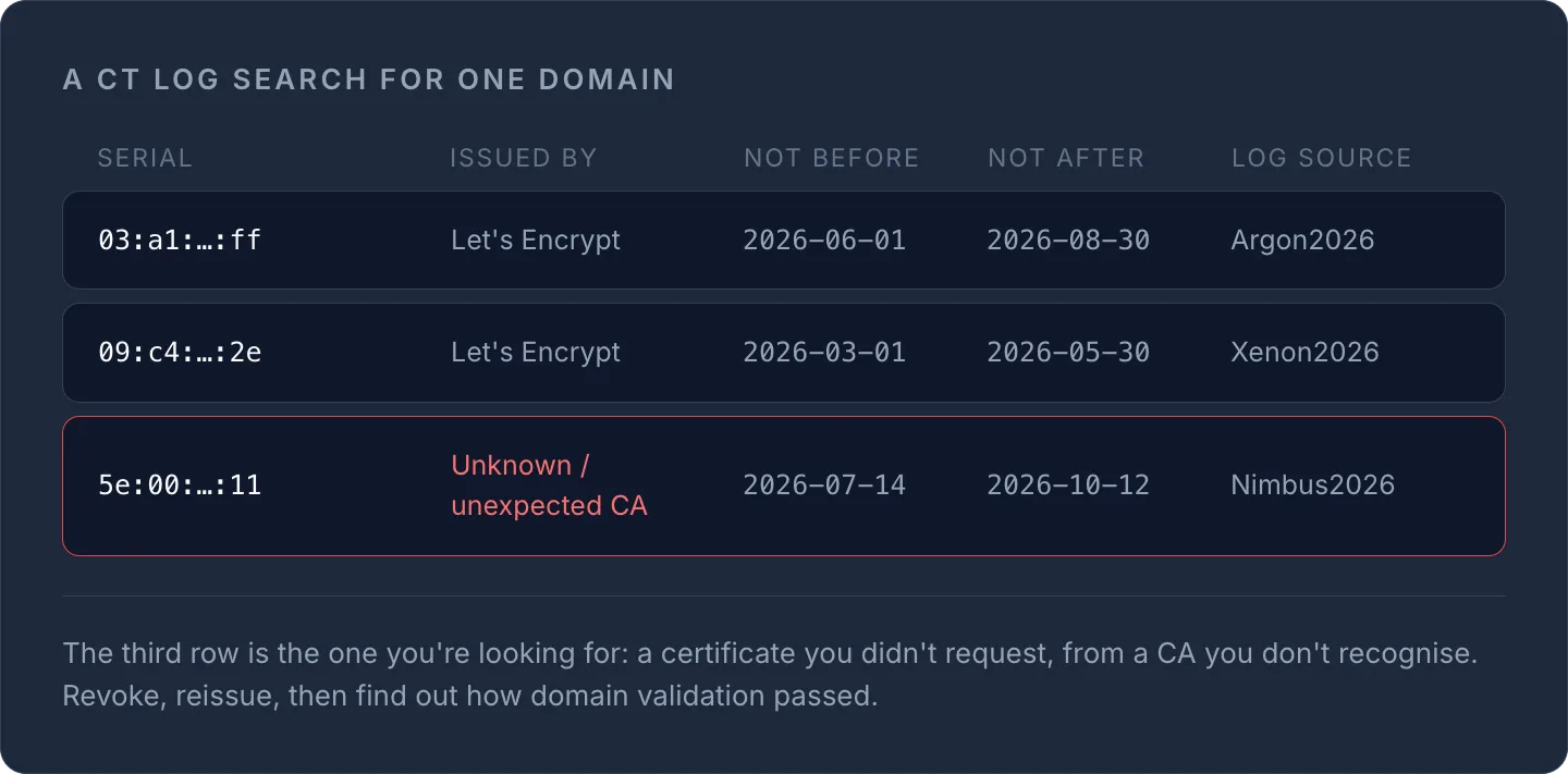 CT log search for one domain showing three certificates; the third from an unknown CA is highlighted as suspicious.
