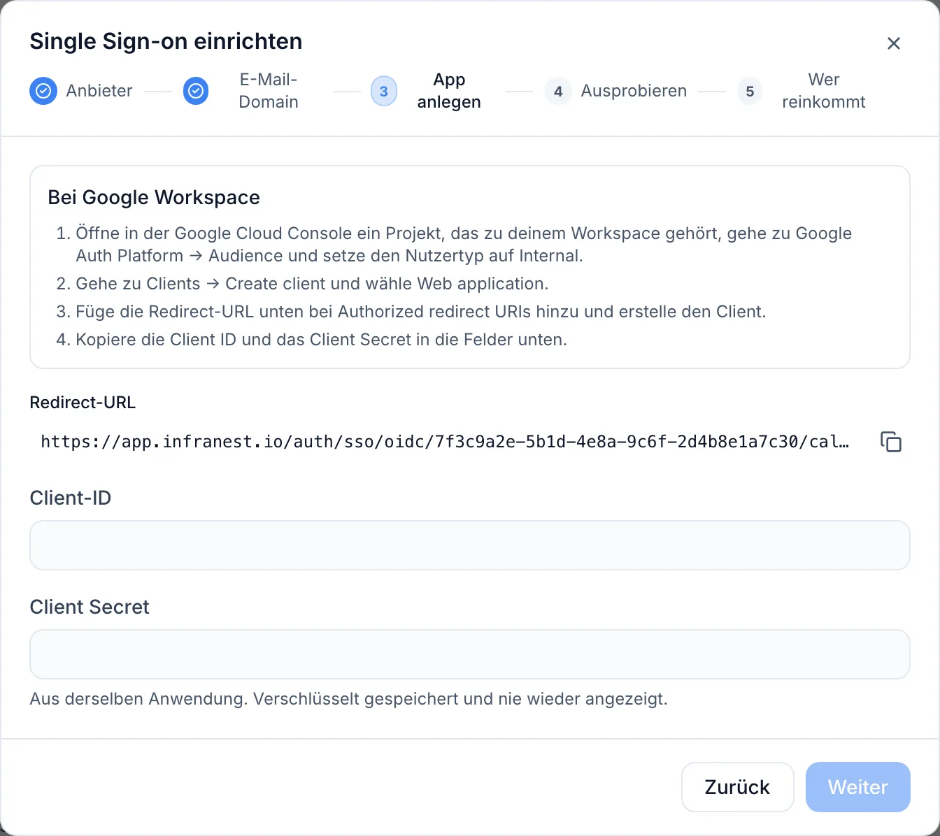 Mit Google Workspace bei InfraNest anmelden