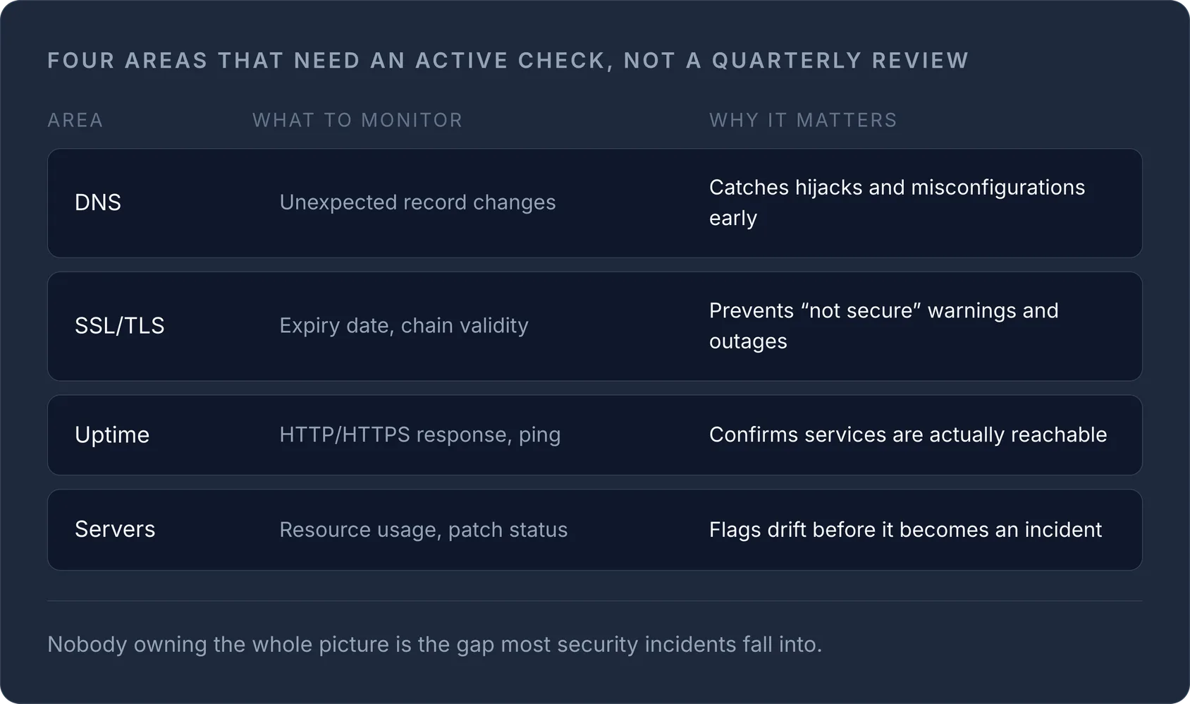 Table listing four monitoring areas—DNS, SSL/TLS, Uptime, Servers—with what to monitor and why it matters.