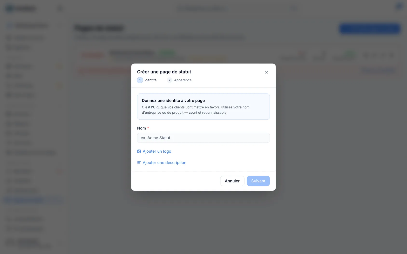 Créer une page de statut