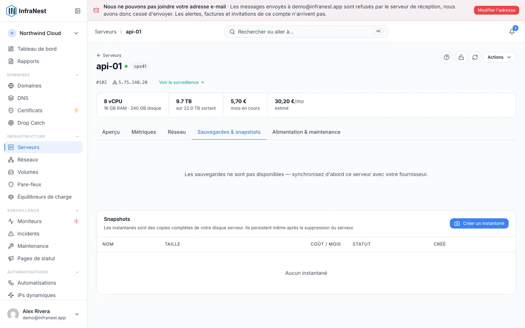 Sauvegardes et instantanés de serveur