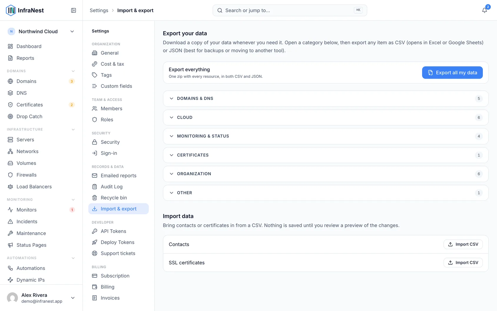Export and import your data