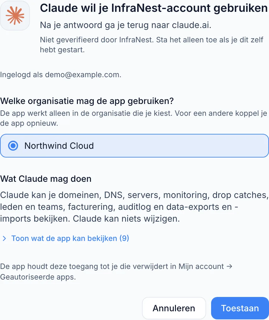 Een app koppelen met “Verbinden met InfraNest”